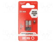 Screwdriver bit; hex key; HEX 6mm; Kind: impact; Overall len: 25mm Milwaukee