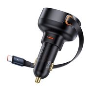 Automobilinis įkroviklis 60W 12-24V USB-C QC4.0 PD3.0 su ištraukiamu 0.7m USB-C laidu, juodas