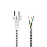 Power Cable | Plug with earth contact male | Open | Straight | Straight | Nickel Plated | 3.00 m | Round | Cotton | Black / White | Label