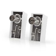 IEC (Coax) Connector | Angled | Female / Male | Nickel Plated | 75 Ohm | Screw | Cable input diameter: 7.0 mm | Metal / PVC | White | 2 pcs | Box