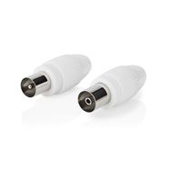 IEC (Coax) Connector | Straight | Female / Male | Nickel Plated | 75 Ohm | Screw | Cable input diameter: 7.0 mm | Metal / PVC | White | 2 pcs | Box