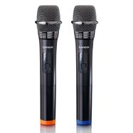 Set of 2 wireless microphones with portable battery powered receiver