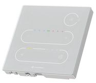 Glass front wall panel with touch buttons, temperature, and CO2 sensor. Communication Modbus RTU or BACnet MS/TP. White