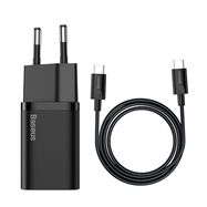 Настенное быстрое зарядное устройство Super Si 25W USB-C QC3.0 PD с кабелем USB-C 1м, черный