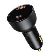 Automobilinis įkroviklis 12-24V 100W USB + USB-C QC4+ PD3.0 su įtampos, srovės indikacija ir USB-C kabeliu 1m