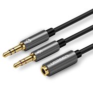 Kabelis / adapteris 3.5mm 4pin lizdas - 2x3.5mm kištukai (stereo ausinėms + mikrofonui), 0.28m AV140 UGREEN