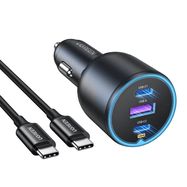 Automobilinis įkroviklis 130W 12-24V USB-A + 2xUSB-C QC3.0 PD3.0 su USB-C kabeliu 1m