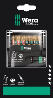 Bit-Check 12 Diamond 1 SB, 1 x 1/4"x50; 1 x PH 1x25; 2 x PH 2x25; 1 x PZ 1x25; 2 x PZ 2x25; 1 x TX 10x25; 1 x TX 15x25; 1 x TX 20x25; 1 x TX 25x25; 1 x TX 30x25, Wera