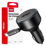 Retractable car charger C cable + USB C port 12/24V 60W AMIO-04368, AMiO