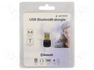 BT adapter; USB A plug; Bluetooth 5.0,USB 2.0; black; 20m GEMBIRD