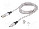 Cable; magnetic,USB 2.0; 1m; grey; 480Mbps; textile; 3A SAVIO