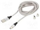 Cable; magnetic,USB 2.0; 2m; grey; 480Mbps; textile; 3A SAVIO