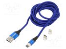 Cable; magnetic,USB 2.0; 2m; blue; 480Mbps; textile; 3A SAVIO