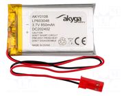 Re-battery: Li-Po; 3.7V; 850mAh; cables,JST SYP-02T-1 socket AKYGA BATTERY