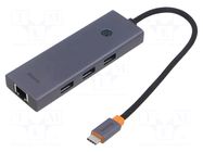 Hub USB; RJ45 socket,USB A socket x3,USB C plug; grey; 0.22m BASEUS