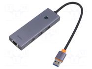 Hub USB; RJ45 socket,USB A socket x3,USB A plug; grey; 0.22m BASEUS
