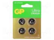 Battery: lithium; CR2025,coin; 3V; 145mAh; non-rechargeable; 4pcs. GP
