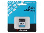 Memory card; SDXC; R: 200MB/s; W: 100MB/s; Class 10 UHS I U3; 64GB KINGSTON TECHNOLOGY