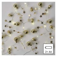 LED Christmas garland – golden spheres with stars, 1.9 m, 2x AA, indoor, warm white, timer, EMOS