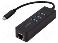 Hub USB; RJ45 socket,USB A socket x3,USB C plug; USB 3.0; black LOGILINK