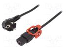 Cable; CEE 7/7 (E/F) plug angled,IEC C13 female; PVC; 3m; black IEC LOCK