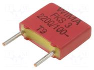 Capacitor: polyester; 2.2nF; 63VAC; 100VDC; 7.5mm; ±10%; 3x8.5x10mm WIMA