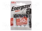 Battery: alkaline; 1.5V; AA; non-rechargeable; 4pcs; MAX ENERGIZER