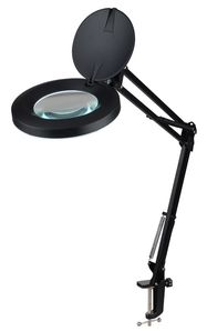 Palielinošā galda lampa 230Vac 12W Ø127mm stikls, 5 dioptrijas, ar aptumšošanu, melna SMD LED diode.