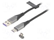 Cable; magnetic,USB 2.0; 1.5m; black; Cu,tinned; 480Mbps; textile VENTION