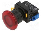 Switch: push-button; 22mm; Stabl.pos: 1; NO; red; LED; IP65; mushroom IDEC