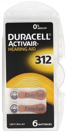 Zinc Air Battery DA312 (V312, HA312) for hearing aid 1.4V 185mAh Duracell 6pcs.