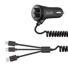 Car charger 2x USB Budi 068T3, 3.4A + cabel 3in1 USB do USB-C / Lightning / Micro USB (black), Budi