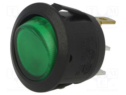 ROCKER; SPST; Pos: 2; ON-OFF; 6A/250VAC; green; neon lamp; 230V; R13 BULGIN AE-R13112BNAB