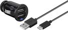 Dual USB Car Charging Set USB-Cā„¢, USB-A (12 W), black, 1 m - vehicle charging adapter with 2x USB-A ports, USB-Cā„¢ cable, 1 m, black
