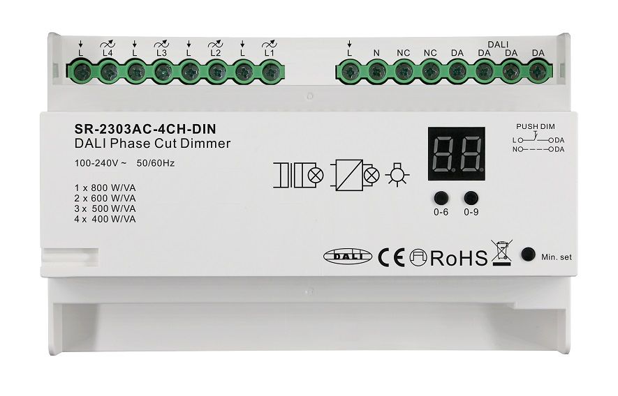 DALI kontroller, 4 kanalit, TRIAC faasilõik, DIN, 100-240Vac, Sunricher