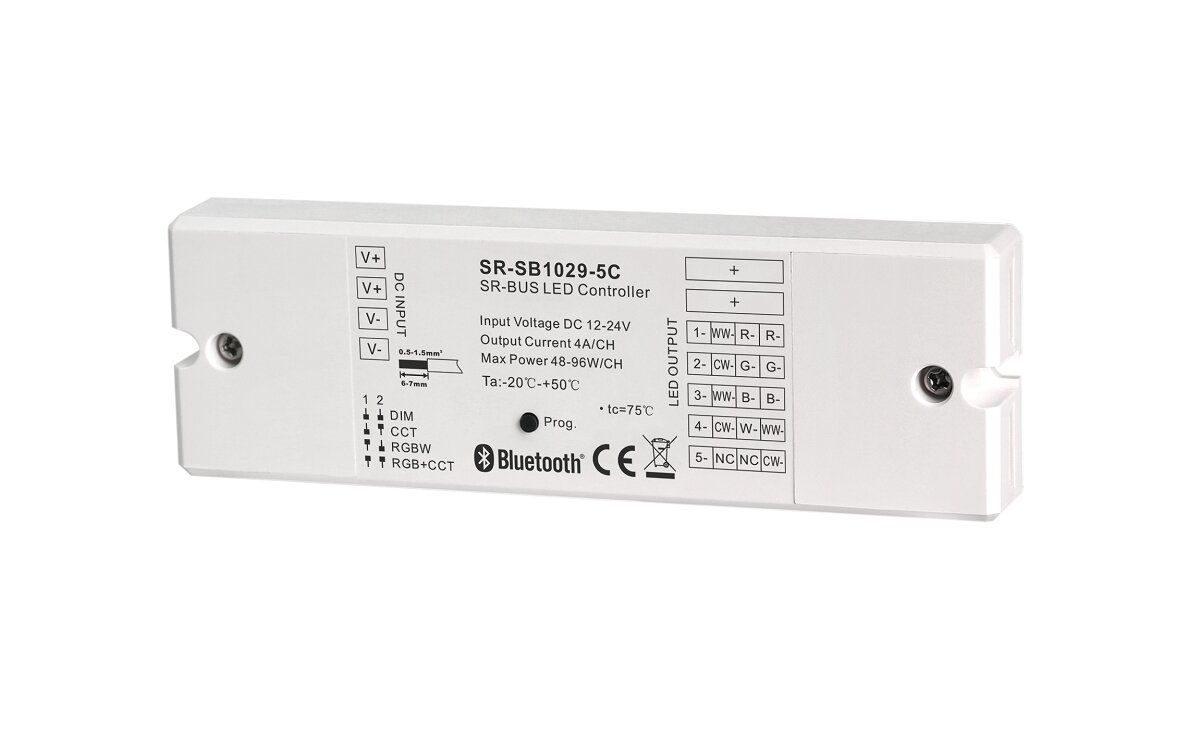LED kontroller, 12-24V, 5x4A, RGB +CCT, SR-BUS seeria, Bluetooth + RF, Sunricher