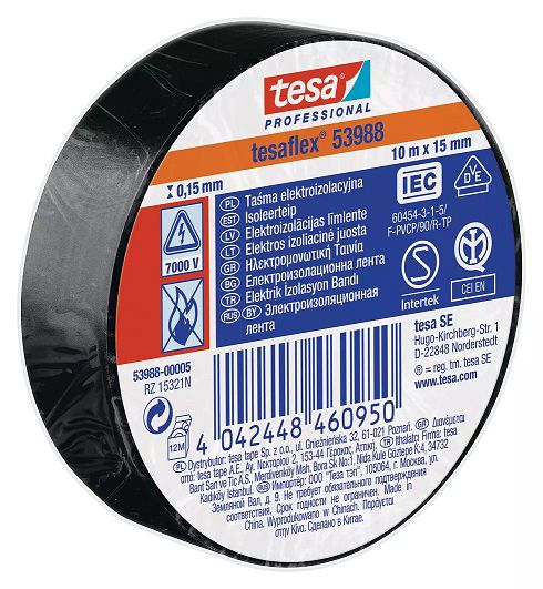 Pehme PVC isoleerlint tesaflex 53988, 10mx15mm, must, TESA