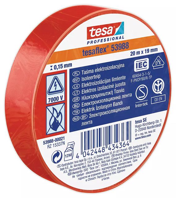 Pehme PVC isoleerlint tesaflex 53988, 20mx19mm, punane, TESA