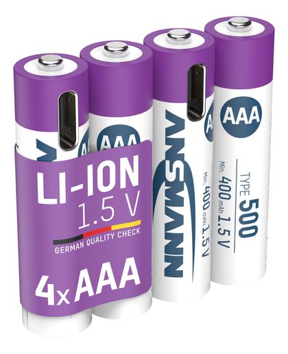 Įkraunamos baterijos AAA 1.5V 500mAh ( Li-Ion 0.74Wh)  su USB-C lizdu, max iškrovimo srovė 1A, 4vnt įpakavime ANSMANN 1311-0028 4013674193967