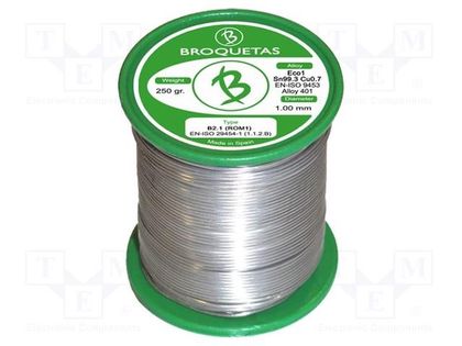 Soldering wire; Sn99,3Cu0,7; 1mm; 0.25kg; lead free; reel; 220°C BROQUETAS ECO1-10/025H