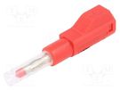 Plug; 4mm banana; 32A; red; insulated,with 4mm axial socket; 56mm 