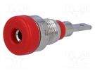 Socket; 2mm banana; 10A; 23mm; red; on panel,screw; insulated 