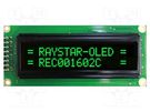 Display: OLED; alphanumeric; 16x2; Dim: 85x36x10mm; green; PIN: 16 RAYSTAR OPTRONICS