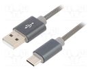 Cable; USB 2.0; USB A plug,USB C plug; 2m; grey; 480Mbps; textile GEMBIRD