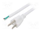 Cable; 3x16AWG; NEMA 5-15 (B) plug,wires; PVC; 2m; white; 13A; 125V LIAN DUNG