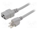 Cable; 3x14AWG; IEC C19 female,NEMA 5-15 (B) plug; PVC; 2m; grey LIAN DUNG
