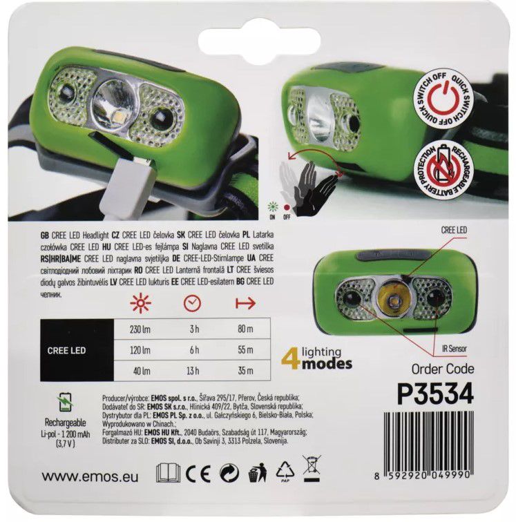 Žibintuvėlis ant galvos, LED 5W CREE, 230lm, 1200mAh baterija, įkraunamas Micro USB, EMOS P3534 8592920049990