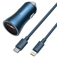 Baseus Golden Contactor Pro car charger, USB + USB-C, QC4.0+, PD, SCP, 40W (blue) + USB-C - Lightning cable 1m (blue), Baseus