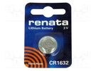 Battery: lithium; 3V; CR1632,coin; 137mAh; non-rechargeable; 1pcs. RENATA