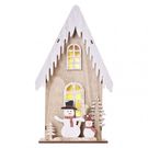 LED decoration, wooden – house with snowmen, 28.5 cm, 2x AA, indoor, warm white, timer, EMOS